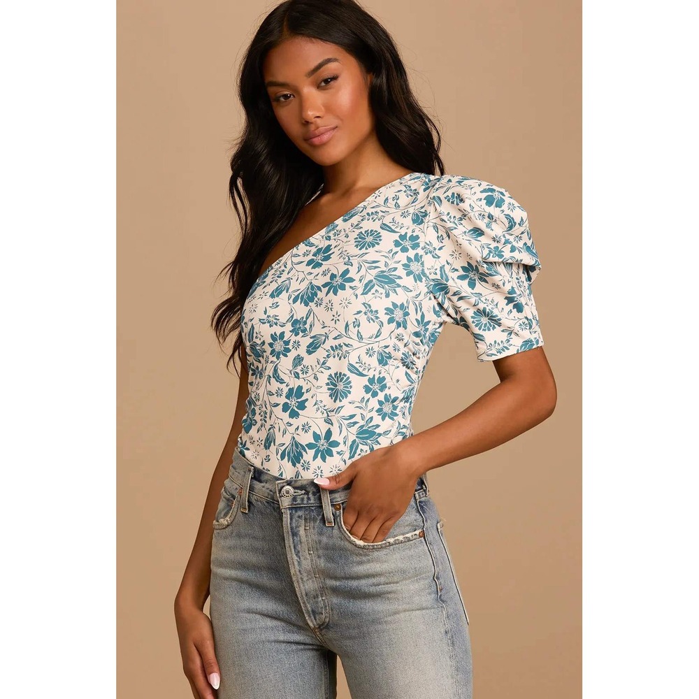 Intimately Free People Somethin Bout You Cream Floral 1 Shoulder Bodysuit NWOT S